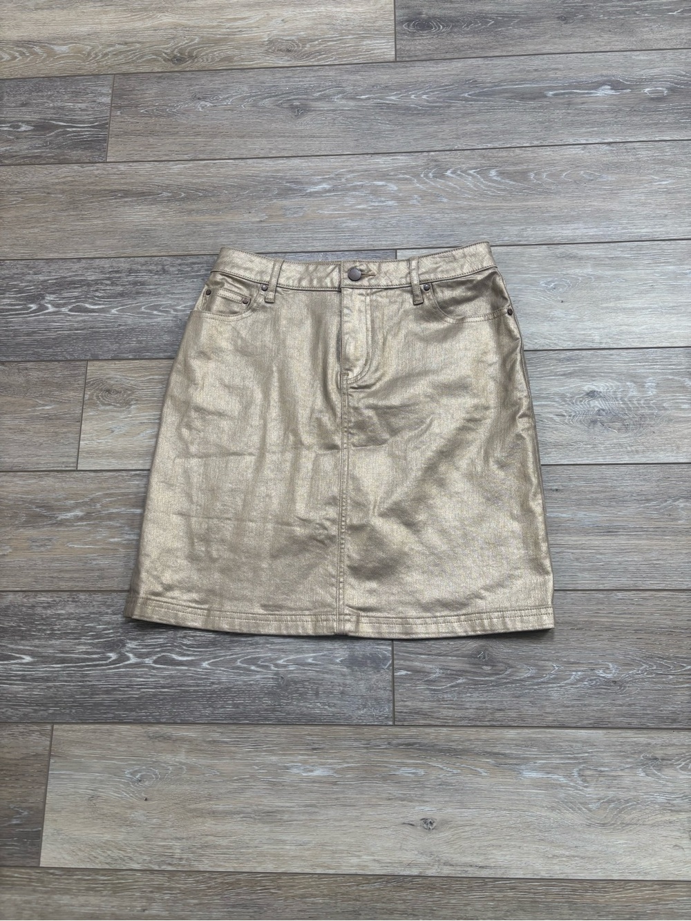 Boden Metallic Gold Denim Mini Skirt Sz 4 Holiday Party NYE Retro Fun Club Date